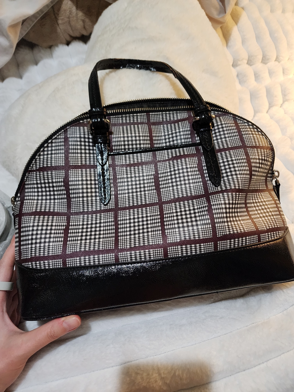 Coach Plaid Dome Satchel Handbag in Burgundy, Black and White Plaid - Picture 2 of 5